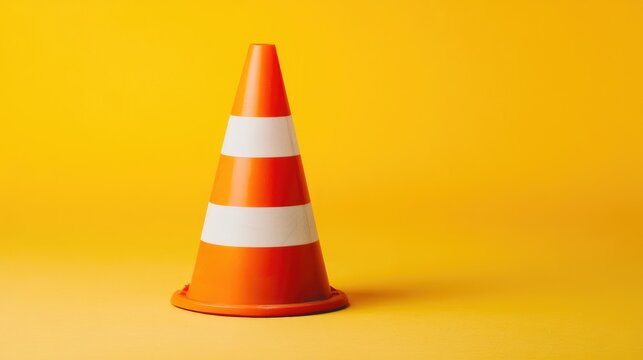 A close-up shot of a safety cone on a gradient yellow background, symbolizing construction zones and warnings.