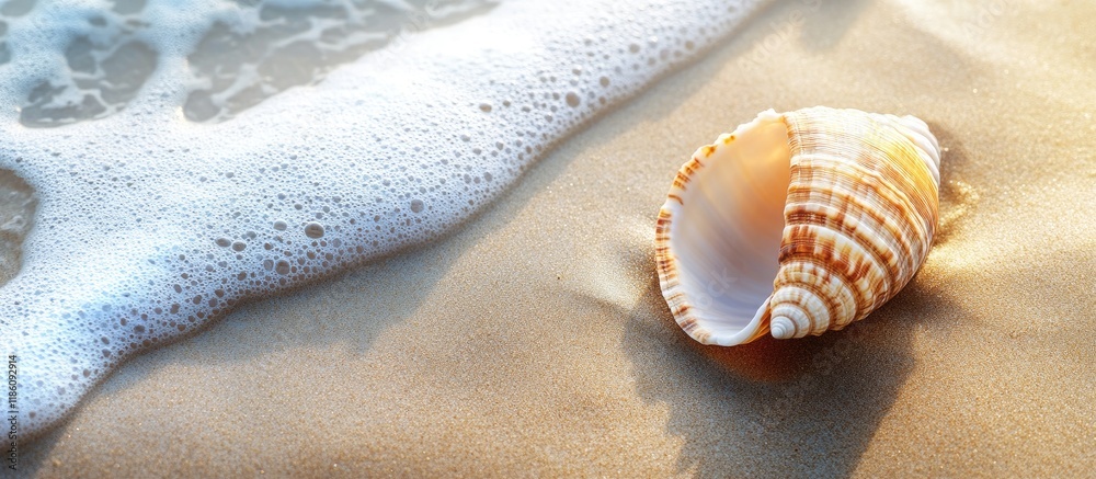 Poster seashells rest on damp sand close to the water on the beach a shell is positioned against the sandy 
