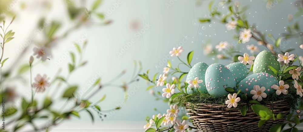 Aufkleber basket of blooms and a basket filled with Easter eggs. with copy space image. Place for adding text or design