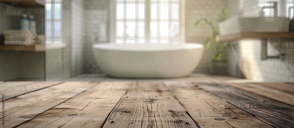 Poster Tabletop and blurred bathroom in the background. with copy space image. Place for adding text or design