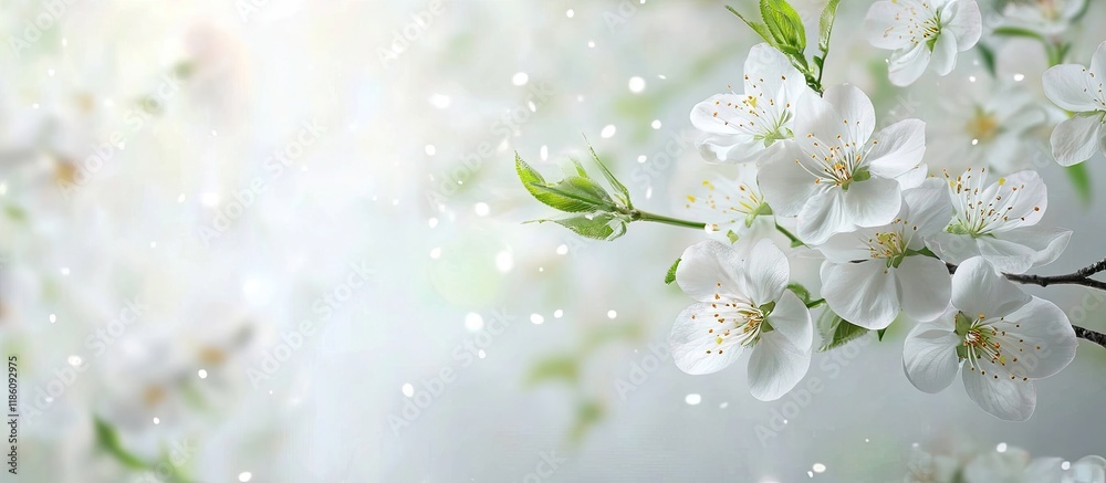 Poster Branch with blooming white flowers in springtime. with copy space image. Place for adding text or design