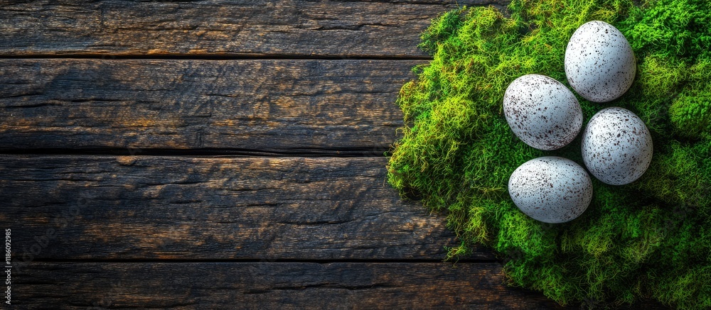 Aufkleber top view of easter eggs on green moss atop an old wooden table. with copy space image. place for add