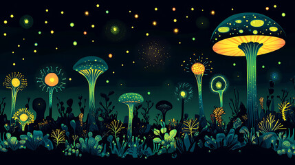 A vibrant, illuminated forest of fantastical mushrooms and plants under a starry night sky.