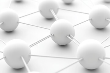 Fototapeta premium A sleek and clean depiction of a network of white spherical nodes interconnected by thin rods on a seamless white background.