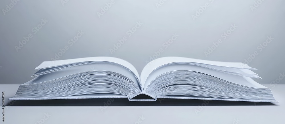 Poster Stack of open book featuring blank white pages Clipping path included. with copy space image. Place for adding text or design