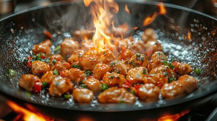 Stir-fried chicken with flames in a wok.