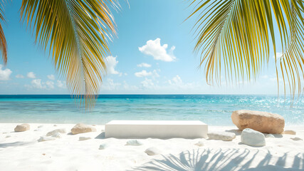 Fototapeta premium 3D Podium with Copy Space. Serene Tropical Beach with Palm Trees, Beautiful Stones and Modern White Podium for Product Showcase. Generative AI.