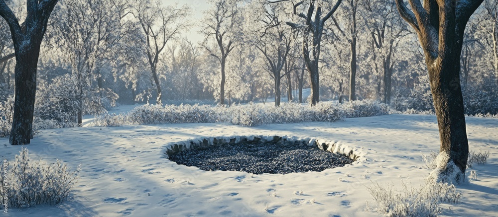 Poster Square frame scenic winter landscape featuring a close up of a circular pit with ashes in a park. with copy space image. Place for adding text or design