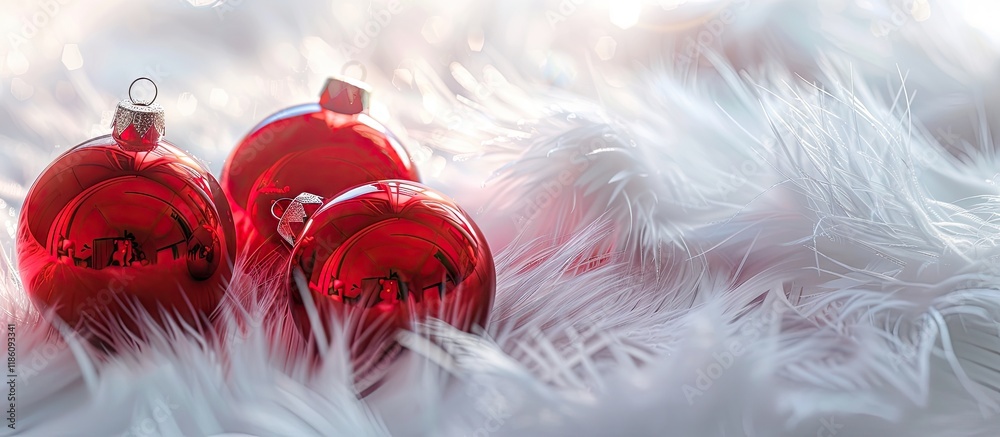 Aufkleber red glass christmas ornaments on a white furry surface. with copy space image. place for adding text