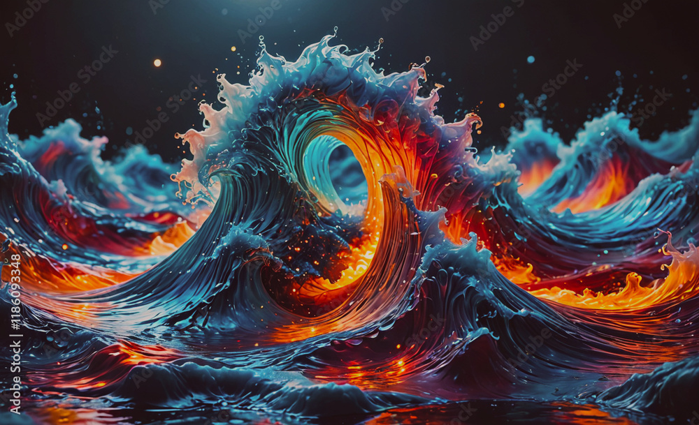 Poster wave with a red and blue swirl in the middle. the wave is surrounded by water