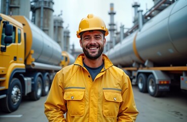 Smiling industrial worker in yellow uniform stands confidently at oil refinery facility. Man wears hard hat, protective jacket. Large fuel tankers visible in background. Experienced worker at
