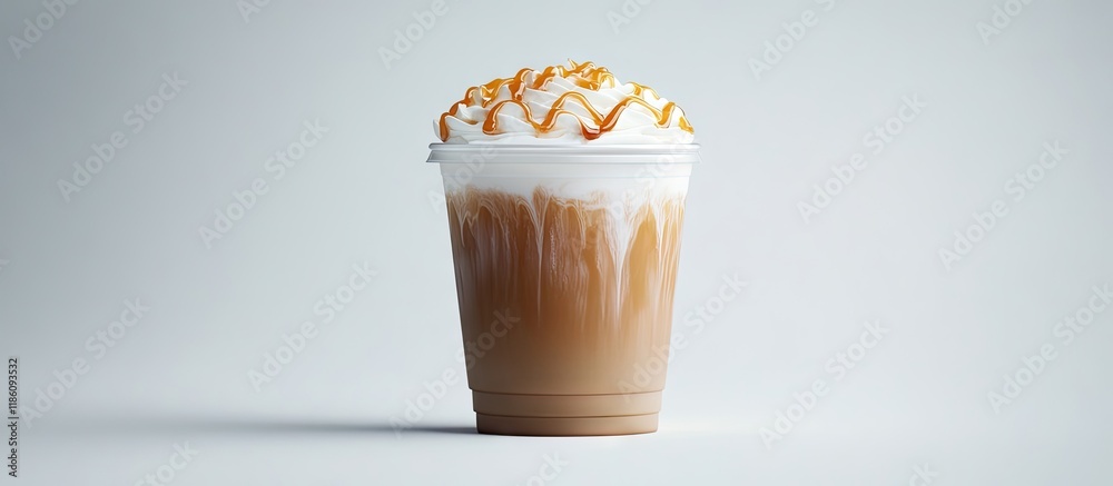 Aufkleber Close up of a plastic cup filled with hot cappuccino coffee topped with caramel foam set against a white background Mock up. with copy space image. Place for adding text or design