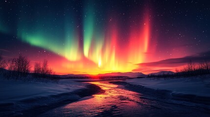 Fototapeta premium Vibrant aurora borealis illuminating a snowy winter landscape at sunset.