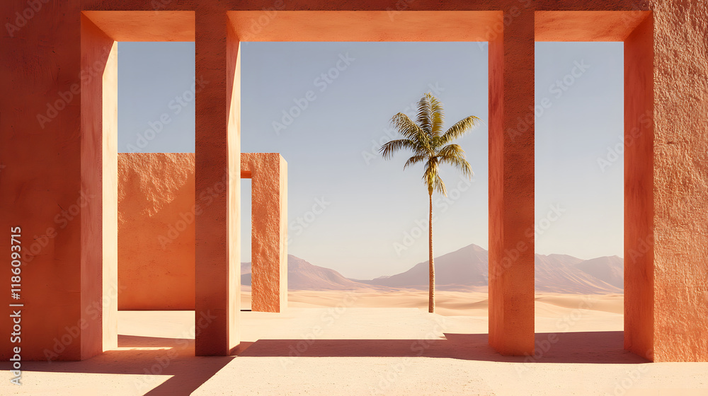 Poster a minimalist desert scene featuring a palm tree framed by architectural structures against a clear b