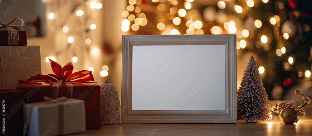 Aufkleber Portrait white picture frame mockup featuring Christmas gifts and bokeh lights High quality photo. with copy space image. Place for adding text or design