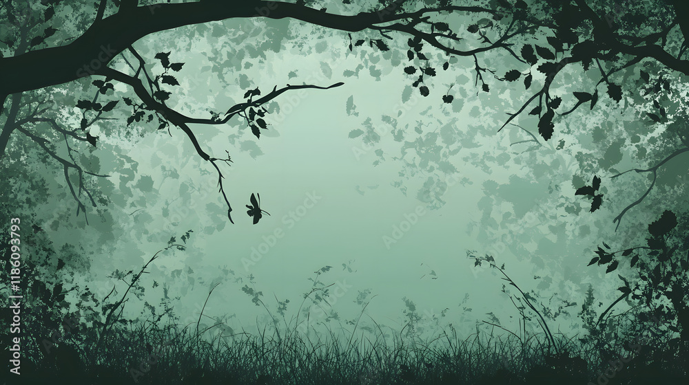 Poster A serene forest scene with soft green hues, featuring branches and foliage, creating a tranquil and inviting atmosphere