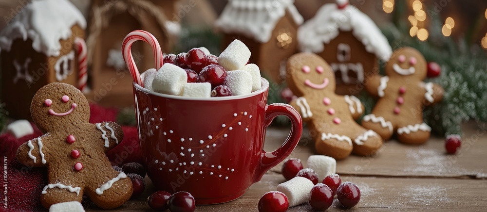 Poster gingerbread men alongside a red cup filled with marshmallows a candy cane and cranberries with ginge
