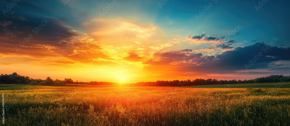 Poster Vibrant sunset in the countryside Stunning sky with various shades of nature. with copy space image. Place for adding text or design