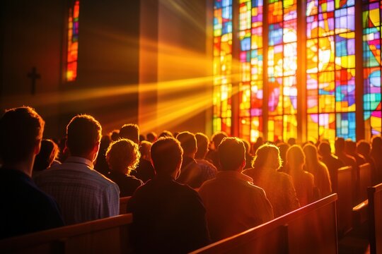 A serene banner of people bowing their heads in prayer during an Easter church service, with sunlight streaming through stained glass
