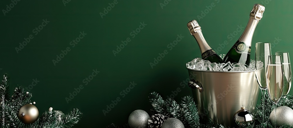 Poster Ice bucket with a bottle champagne glasses and Christmas decorations on a green background. with copy space image. Place for adding text or design
