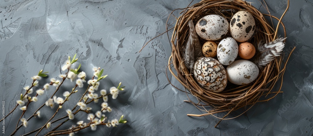 Poster Nest with quail eggs and feathers along with willow branches and spring flowers on a gray backdrop Easter holiday theme Top view. with copy space image. Place for adding text or design