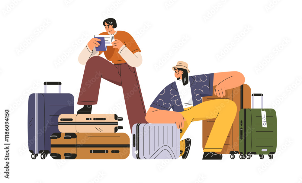 Canvas Prints Tourist friends checking passports, travel documents, reviewing tickets. Passengers with baggage, luggage, suitcase bags, before flight departure. Flat vector illustration isolated on white background