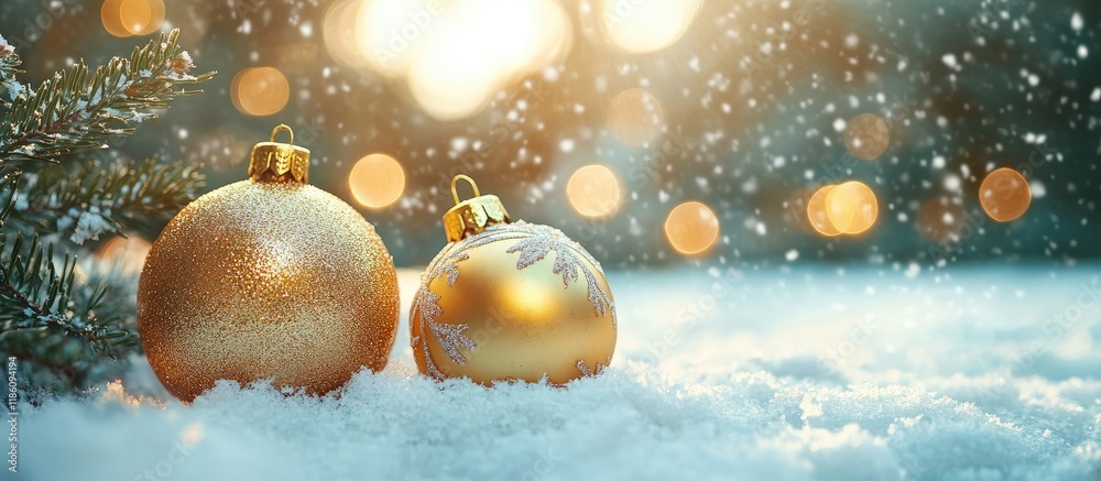Poster christmas golden ornaments on the snow close up. with copy space image. place for adding text or des