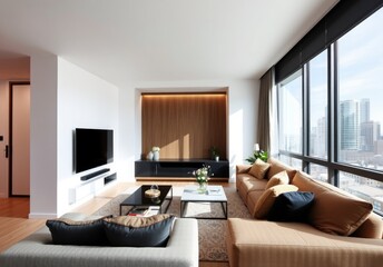 Minimalist apartment with city view. Interior design of modern living room 