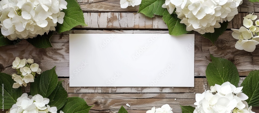 Leinwandbilder white hydrangea flower with a white board on a wooden background mockup. with copy space image. plac