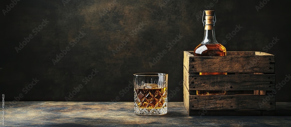 Aufkleber Whiskey in a glass and bottle beside a wooden crate on a dark table with a black background Space for text. with copy space image. Place for adding text or design