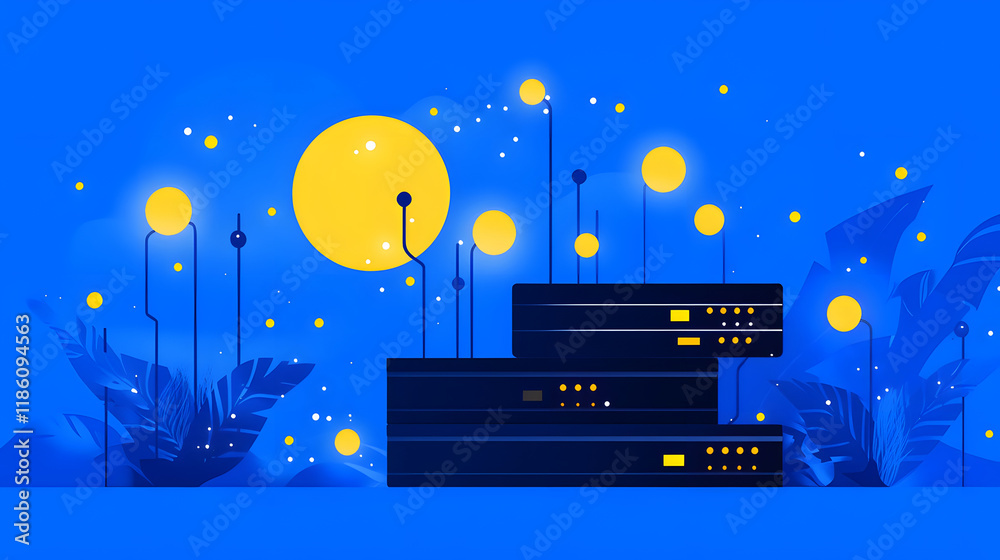 Poster a vibrant illustration featuring server racks surrounded by glowing orbs and foliage against a blue 