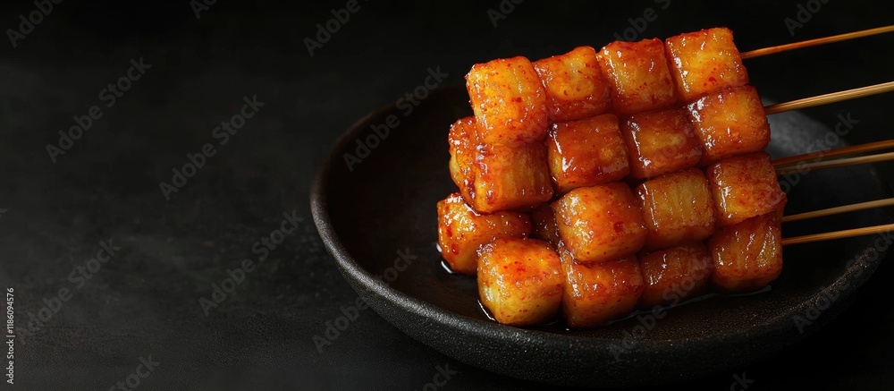 Poster deep fried korean rice cakes tteokbokki on a skewer with spicy sauce in the korean food style. with 