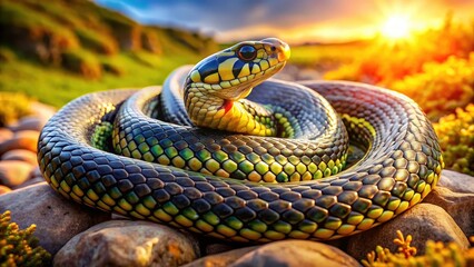 Fototapeta premium Panoramic wildlife photography showcasing a grass snake, a reptile marvel in its natural rocky habitat.