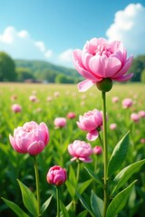 Obraz premium Soft pink peonies in full bloom against a serene backdrop of lush green fields and clear blue sky, peony field, pink, nature