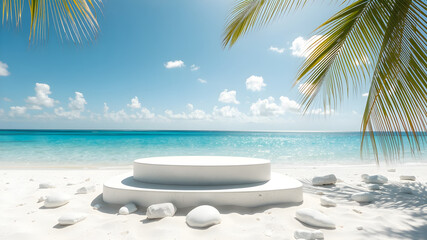 3D Podium with Copy Space. Serene Tropical Beach with Palm Trees, Beautiful Stones and Modern White Podium for Product Showcase. Generative AI.