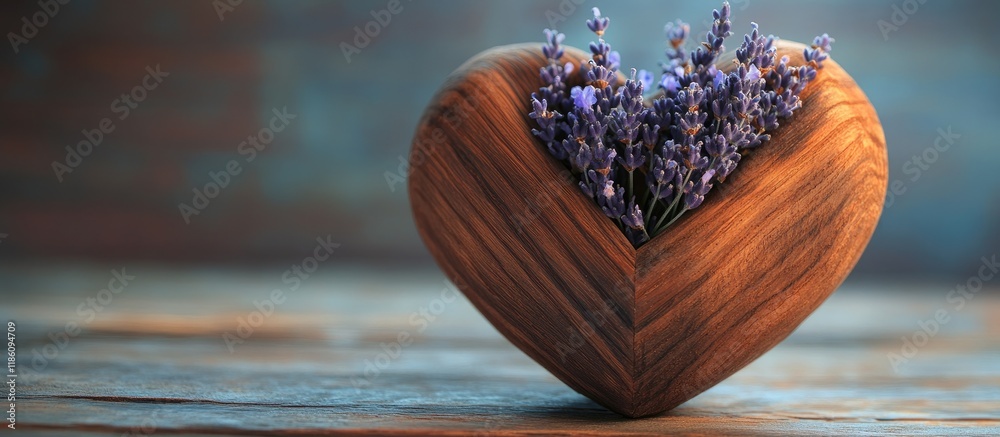 Poster Valentine s Day A decorative heart containing lavender placed inside another wooden heart. with copy space image. Place for adding text or design