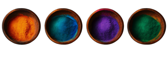 4 bowls of vibrant Holi colors, isolated on a transparent background PNG file 