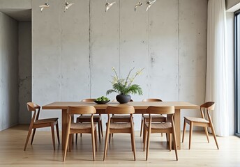 Interior of modern dining room, dining table and wooden chairs in room with concrete wall. Home design