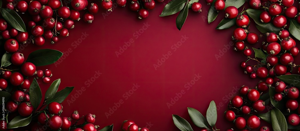 Fototapete ripe forest lingonberries are arranged in a circular pattern on a burgundy backdrop. with copy space
