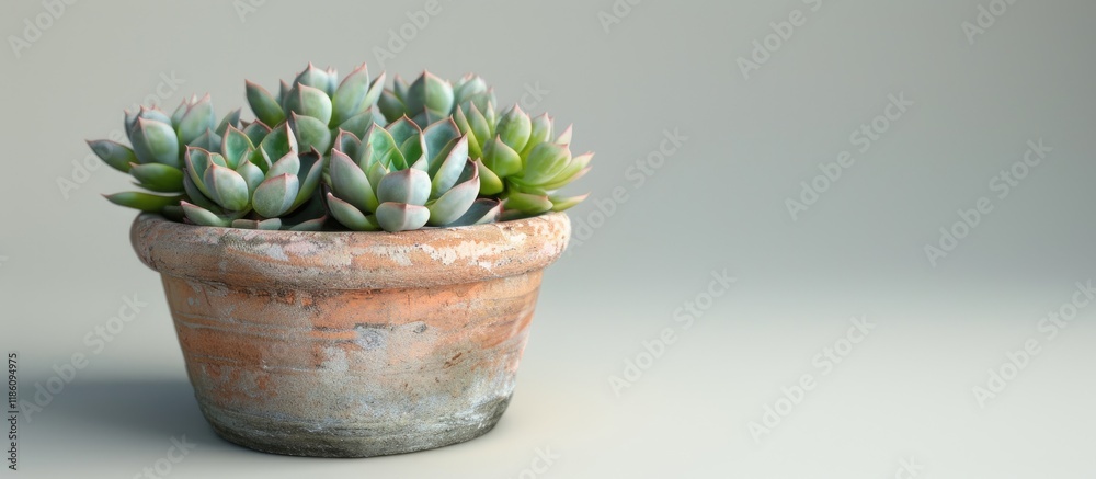 Poster small succulent plants in a clay pot. with copy space image. place for adding text or design