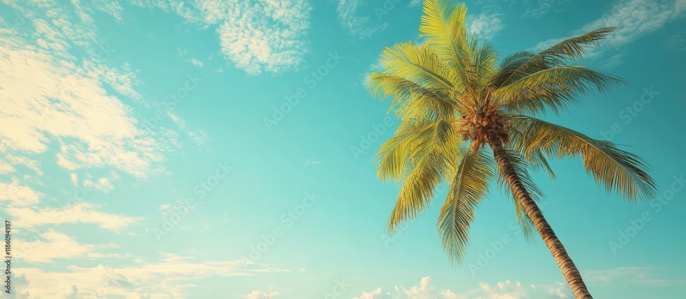 Leinwandbilder coconut palm tree against a blue sky vintage backdrop retro style poster. with copy space image. pla