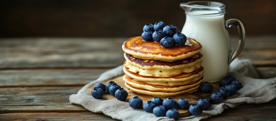 Delicious cottage cheese pancakes accompanied by blueberries and a milk jug on a rustic wooden surface. with copy space image. Place for adding text or design