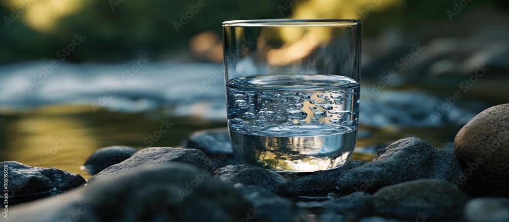 Poster Fresh water flowing into a glass on a stone by the river Room for text. with copy space image. Place for adding text or design