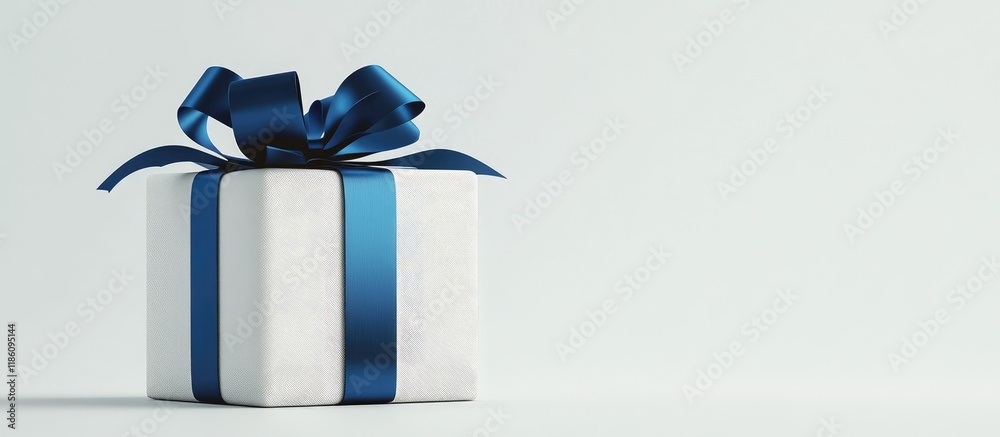Poster A New Year gift box adorned with a blue ribbon There is empty space available for design. with copy space image. Place for adding text or design
