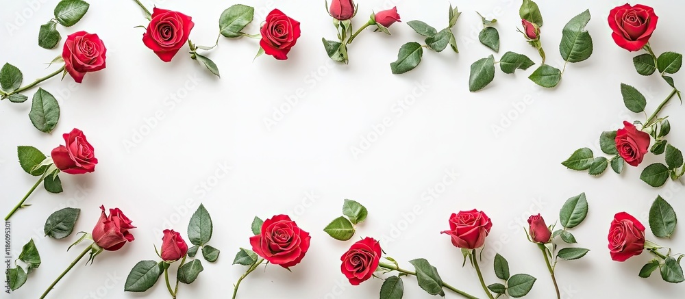 Poster composition of flowers a frame created from rose flowers on a white background flat lay top view cop