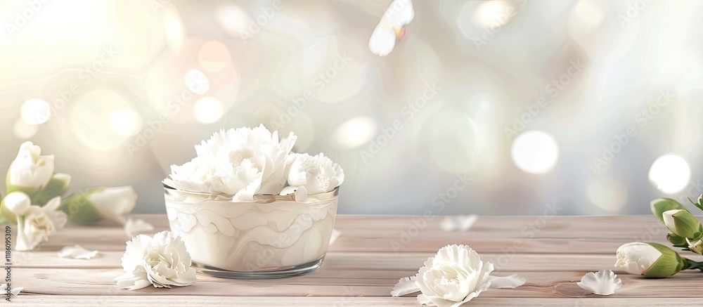 Poster night cream with white carnation flowers on a light wooden table background. with copy space image. 