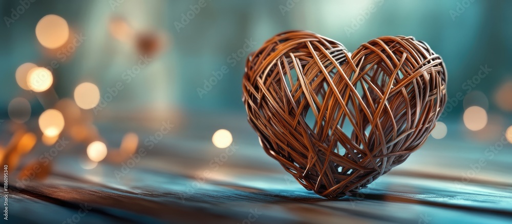 Poster wooden wicker heart rattan crafted into a heart shape concept of love background with selective focu