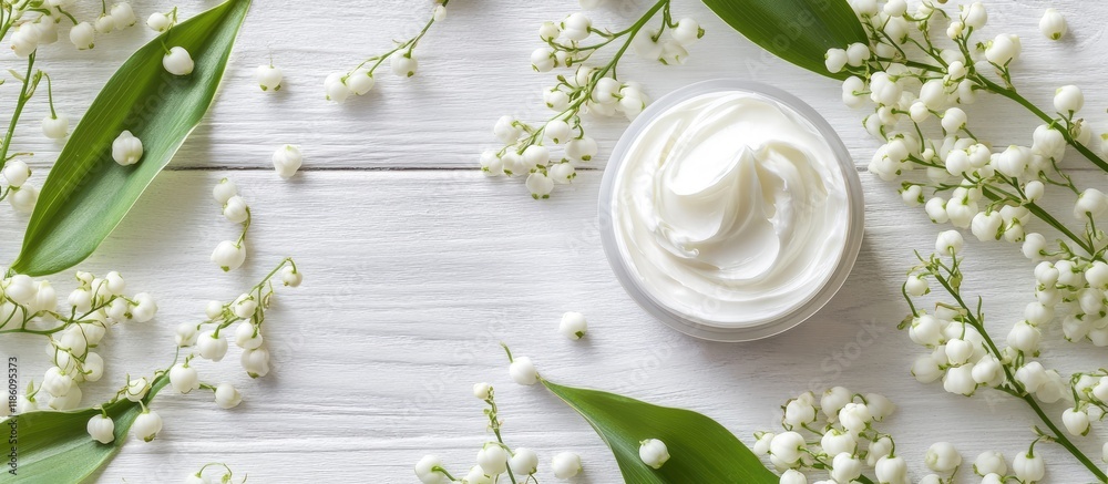 Poster cosmetic cream and lily of the valley blossoms on a white wooden table. with copy space image. place