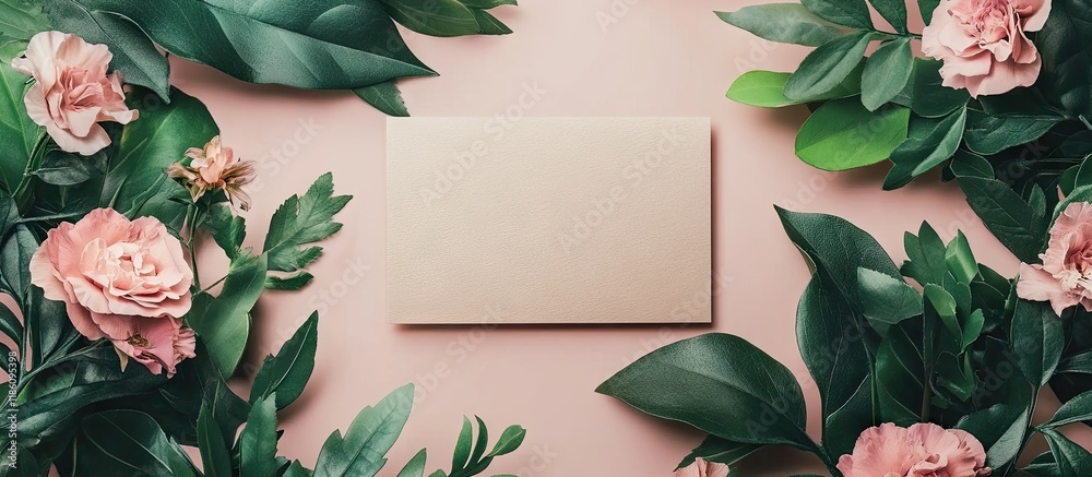 Poster Lovely flowers and lush green leaves form a floral frame around a paper card set against a colored background. with copy space image. Place for adding text or design