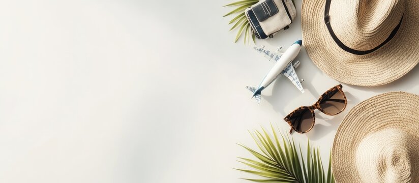Travel accessories against a white background Concept of travel or summer vacation Top view. with copy space image. Place for adding text or design - Powered by Adobe